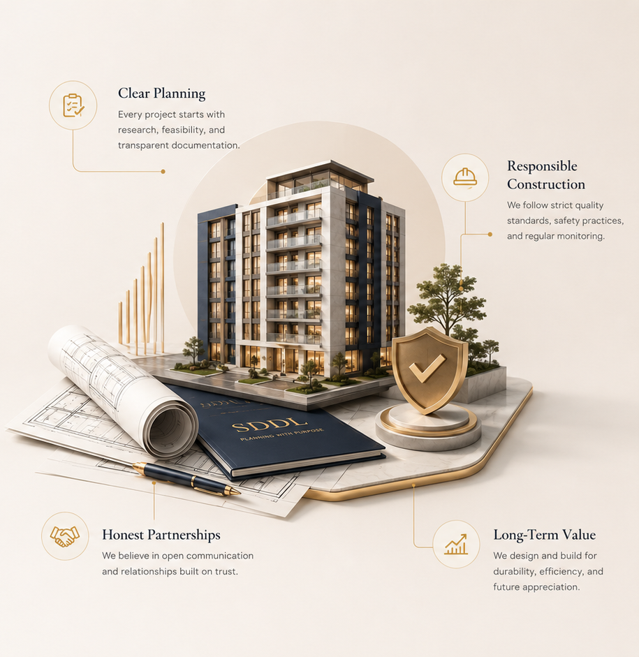 SDDL planning philosophy — clear planning, honest partnerships, responsible construction, long-term value
